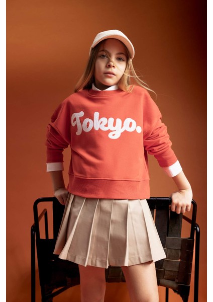 Kız Çocuk Crop Bisiklet Yaka Baskılı Sweatshirt B9934A824SP modelleri