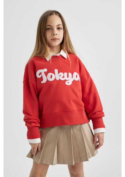 Kız Çocuk Crop Bisiklet Yaka Baskılı Sweatshirt B9934A824SP fırsatları
