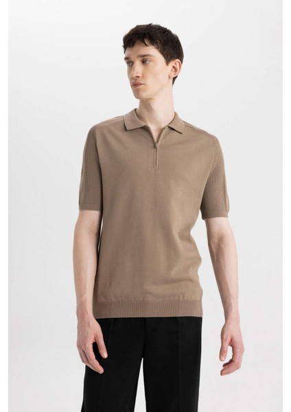 Slim Fit Dar Kesim Polo Yaka Kısa Kollu Basic Düz Fermuarlı Triko Tişört C4917AX24SM modelleri