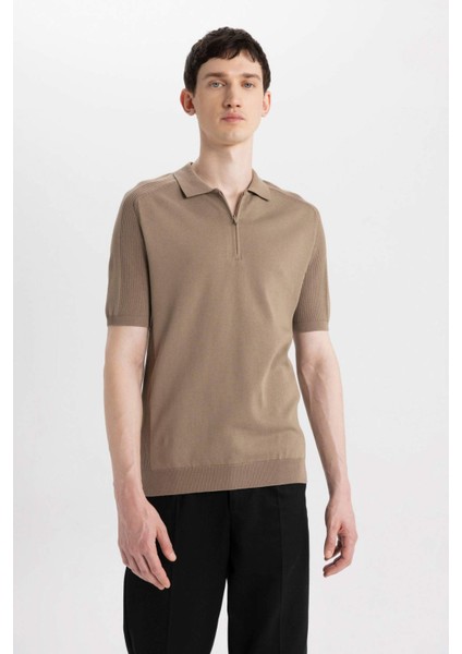 Slim Fit Dar Kesim Polo Yaka Kısa Kollu Basic Düz Fermuarlı Triko Tişört C4917AX24SM fırsatları