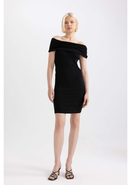 Bodycon Vücudu Saran Omuzu Açık Fitilli Kaşkorse Uzun Kollu Mini Elbise D1171AX24SM