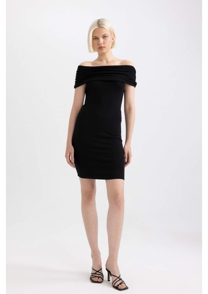 Bodycon Vücudu Saran Omuzu Açık Fitilli Kaşkorse Uzun Kollu Mini Elbise D1171AX24SM
