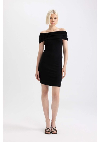 Bodycon Vücudu Saran Omuzu Açık Fitilli Kaşkorse Uzun Kollu Mini Elbise D1171AX24SM