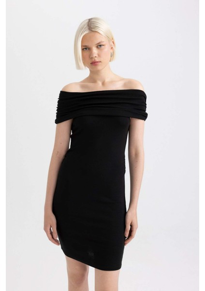 Bodycon Vücudu Saran Omuzu Açık Fitilli Kaşkorse Uzun Kollu Mini Elbise D1171AX24SM