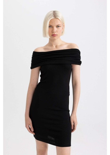 Bodycon Vücudu Saran Omuzu Açık Fitilli Kaşkorse Uzun Kollu Mini Elbise D1171AX24SM