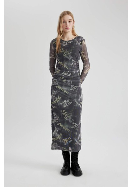 Coool Bodycon Desenli Tül Uzun Kollu Maxi Elbise C1891AX24SP