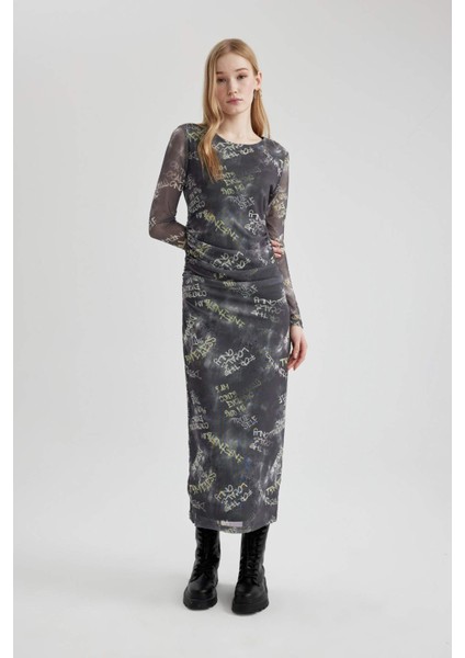 Coool Bodycon Desenli Tül Uzun Kollu Maxi Elbise C1891AX24SP