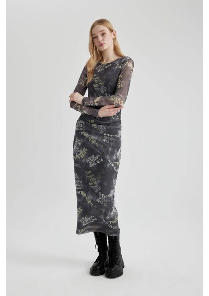 Coool Bodycon Desenli Tül Uzun Kollu Maxi Elbise C1891AX24SP