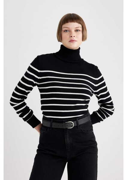 Regular Fit Çizgili Balıkçı Yaka Triko Kazak C1650AX23WN
