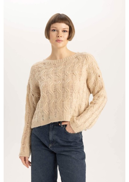 Relax Fit Bisiklet Yaka Ajur Triko Kazak