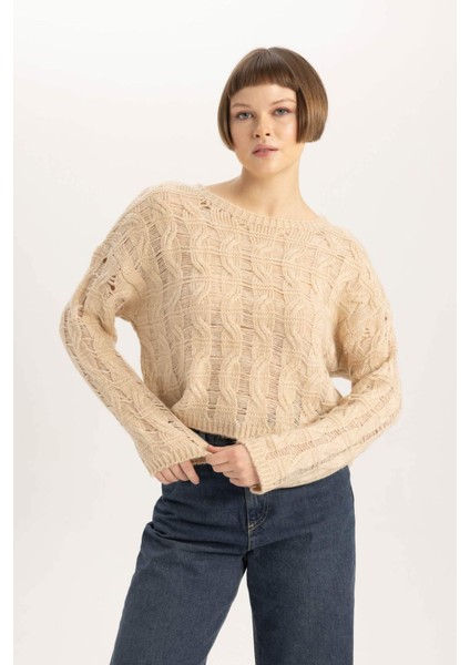 Relax Fit Bisiklet Yaka Ajur Triko Kazak fırsatları