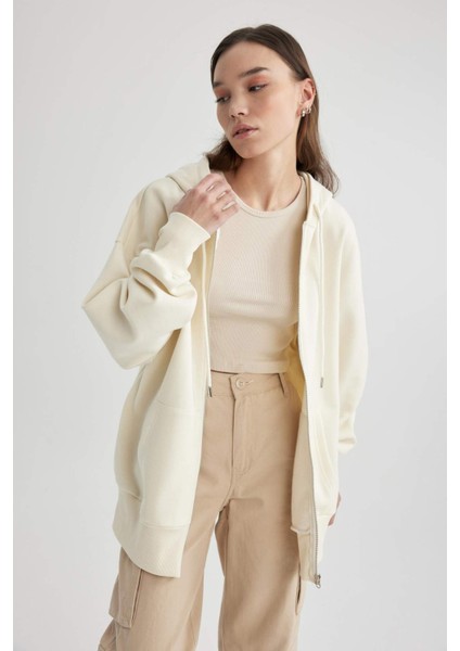 Oversize Geniş Kalıp Kapüşonlu Cepli Basic Düz Fermuarlı Sweatshirt V4233AZ24SP