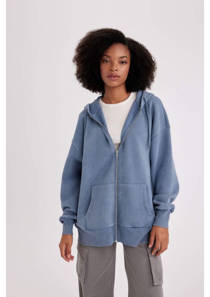 Oversize Fit Kapüşonlu Kalın Kumaş Yıkamalı Soluk Efektli Fermuarlı Sweatshirt B8289AX23WN