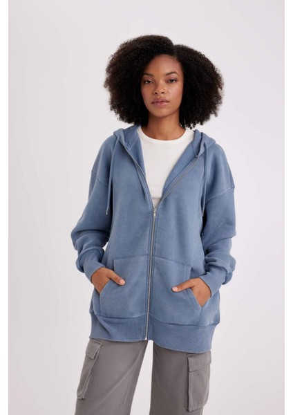 Oversize Fit Kapüşonlu Kalın Kumaş Yıkamalı Soluk Efektli Fermuarlı Sweatshirt B8289AX23WN fırsatları