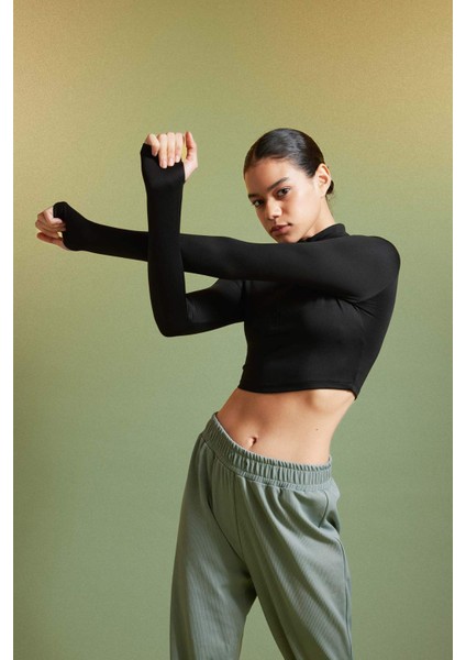 Fit Slim Fit Dar Kesim Dik Yaka Fermuarlı Crop Uzun Kollu Tişört W0343AZ24SP