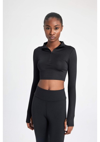 Fit Slim Fit Dar Kesim Dik Yaka Fermuarlı Crop Uzun Kollu Tişört W0343AZ24SP