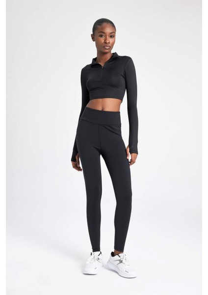 Fit Slim Fit Dar Kesim Dik Yaka Fermuarlı Crop Uzun Kollu Tişört W0343AZ24SP