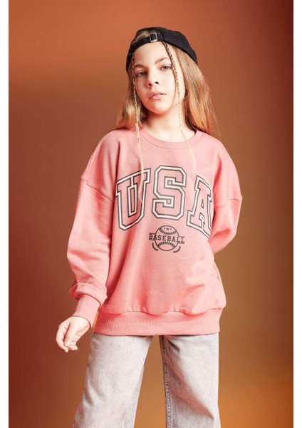 Kız Çocuk Oversize Geniş Kalıp Bisiklet Yaka Baskılı Sweatshirt C0571A824SP