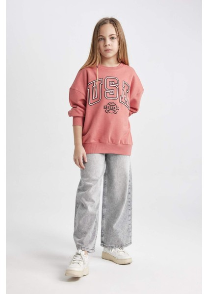 Kız Çocuk Oversize Geniş Kalıp Bisiklet Yaka Baskılı Sweatshirt C0571A824SP modelleri