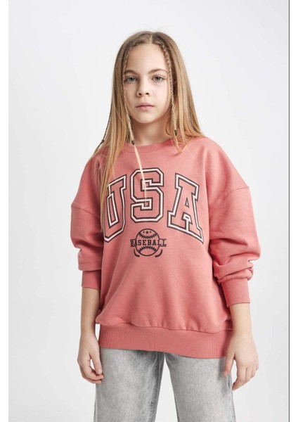 Kız Çocuk Oversize Geniş Kalıp Bisiklet Yaka Baskılı Sweatshirt C0571A824SP fırsatları