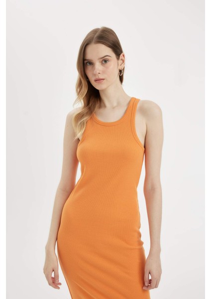 Bodycon Halter Yaka Fitilli Kaşkorse Basic Düz Kolsuz Midi Elbise U8106AZ24SM