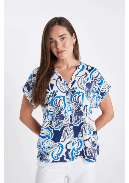 Regular Fit Bisiklet Yaka Desenli Kısa Kollu Gömlek I6173AZ24SM