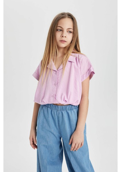 Kız Çocuk Cropped Fit Kısa Kollu Gömlek B5063A824SM