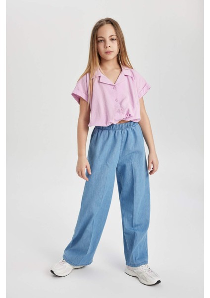 Kız Çocuk Cropped Fit Kısa Kollu Gömlek B5063A824SM