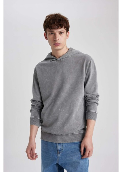 Regular Fit Kapüşonlu Yıkamalı Soluk Efektli Basic Düz Sweatshirt B9220AX23WN