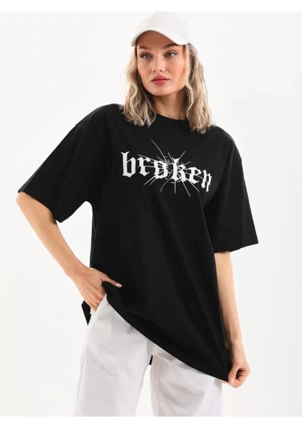 Baskılı Oversize T-Shirt - Siyah