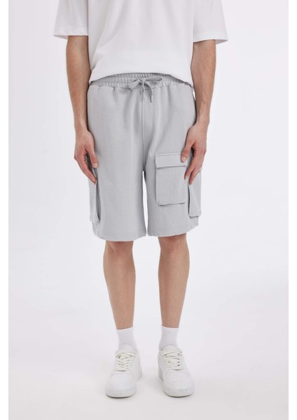 Relax Fit Beli Lastikli Bağcıklı Basic Düz Kargo Bermuda Şort C5591AX24HS