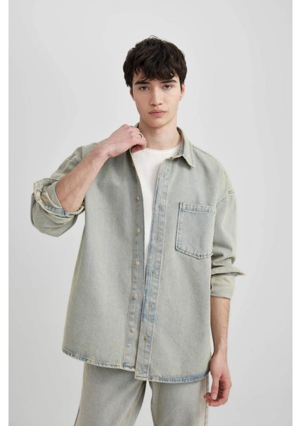 Oversize Geniş Kalıp Soluk Efektli Uzun Kollu Jean Gömlek C3447AX24SM fırsatları