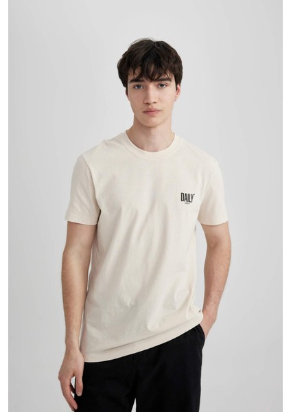%100 Pamuk Slim Fit Dar Kesim Bisiklet Yaka Baskılı Kısa Kollu Tişört C2078AX24SM