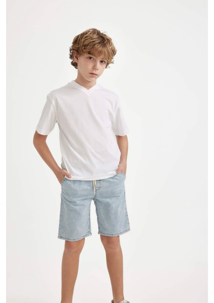 Erkek Çocuk Beyaz V Yaka Kısa Kollu Basic Düz Okul Tişörtü K1693A624SM modelleri