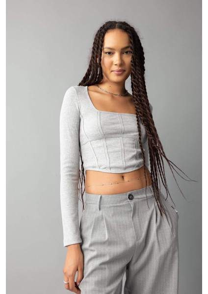 Fitted Yuvarlak Yaka Fitilli Kaşkorse Uzun Kollu Tişört B0909AX23AU