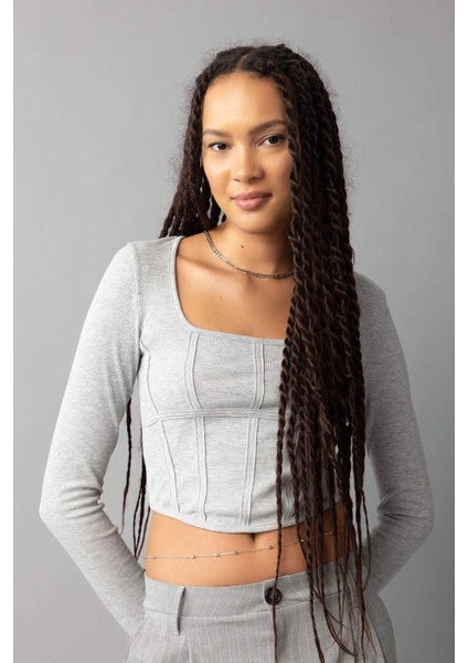 Fitted Yuvarlak Yaka Fitilli Kaşkorse Uzun Kollu Tişört B0909AX23AU modelleri