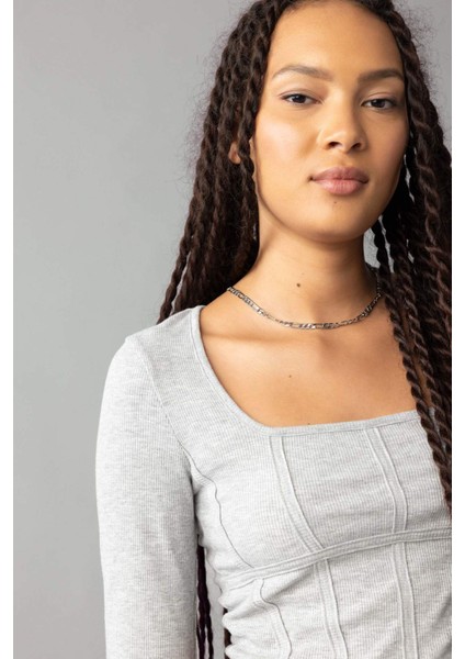 Fitted Yuvarlak Yaka Fitilli Kaşkorse Uzun Kollu Tişört B0909AX23AU fırsatları