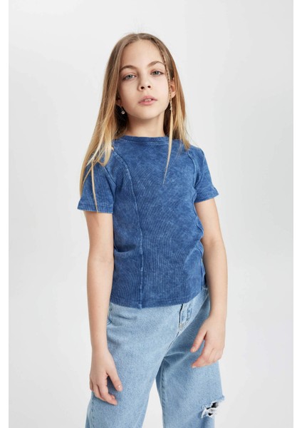 Kız Çocuk Slim Fit Dar Kesim Bisiklet Yaka Fitilli Kaşkorse Kısa Kollu Tişört C3187A824SM