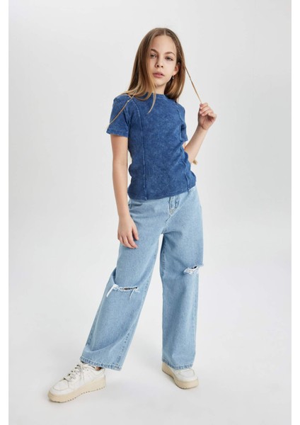 Kız Çocuk Slim Fit Dar Kesim Bisiklet Yaka Fitilli Kaşkorse Kısa Kollu Tişört C3187A824SM fiyatları