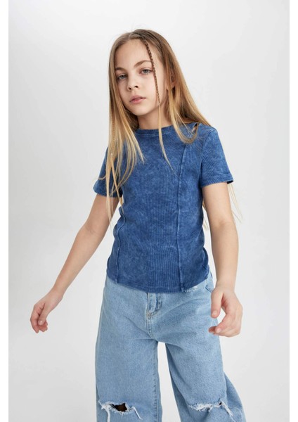 Kız Çocuk Slim Fit Dar Kesim Bisiklet Yaka Fitilli Kaşkorse Kısa Kollu Tişört C3187A824SM fırsatları