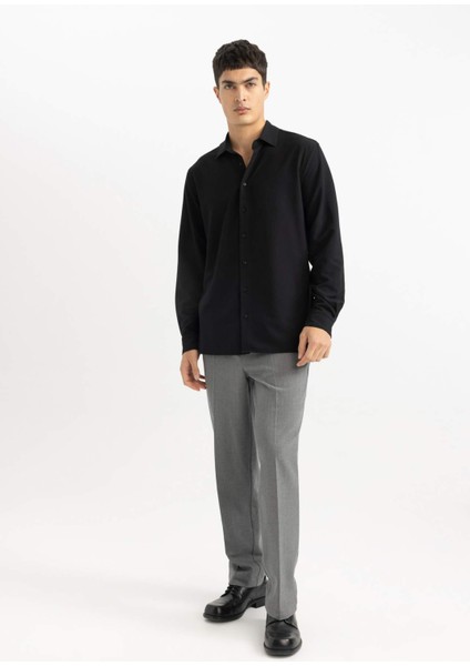 Modern Fit Polo Yaka Basic Düz Krinkıl Uzun Kollu Siyah Gömlek B7384AX24SP