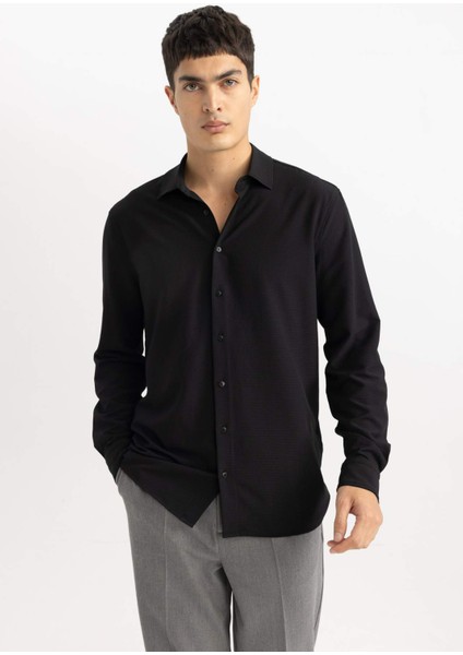 Modern Fit Polo Yaka Basic Düz Krinkıl Uzun Kollu Siyah Gömlek B7384AX24SP