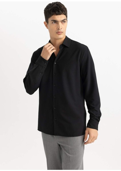 Modern Fit Polo Yaka Basic Düz Krinkıl Uzun Kollu Siyah Gömlek B7384AX24SP