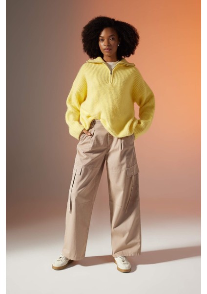 Wide Leg Kargo Cepli Yüksek Bel Standart Boy Gabardin Pantolon B8659AX23CW