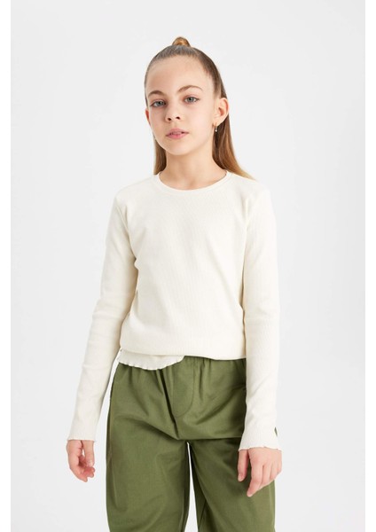 Kız Çocuk Slim Fit Dar Kesim Bisiklet Yaka Ribana Uzun Kollu Tişört B7452A824SP modelleri