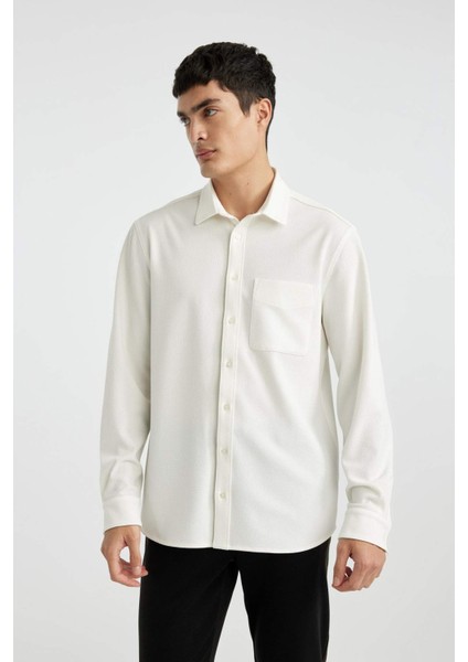 Regular Fit Polo Yaka Krinkıl Basic Düz Uzun Kollu Gömlek B6484AX24SP