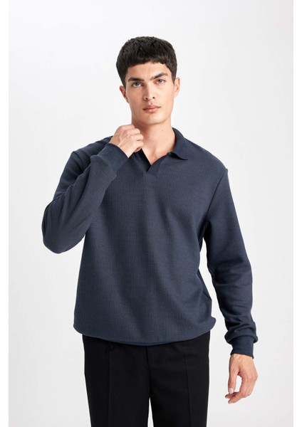 Regular Fit Polo Yaka Jakarlı Triko Sweatshirt A9785AX23AU