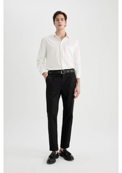 Twill Yazlık Kumaş Pantolon Tapered Fit Normal Kesim Cepli Basic Düz Keten Karışımlı Duble Paça B6585AX24SP