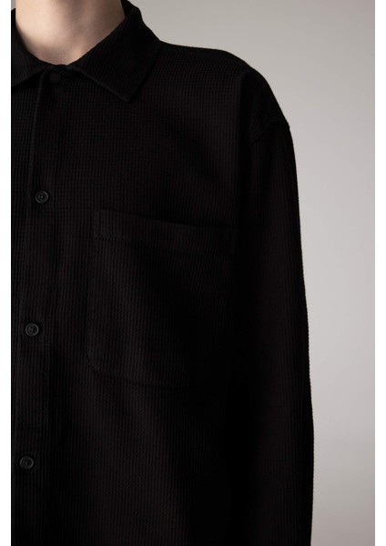Oversize Geniş Kalıp Polo Yaka Waffle Uzun Kollu Gömlek C2841AX24SP