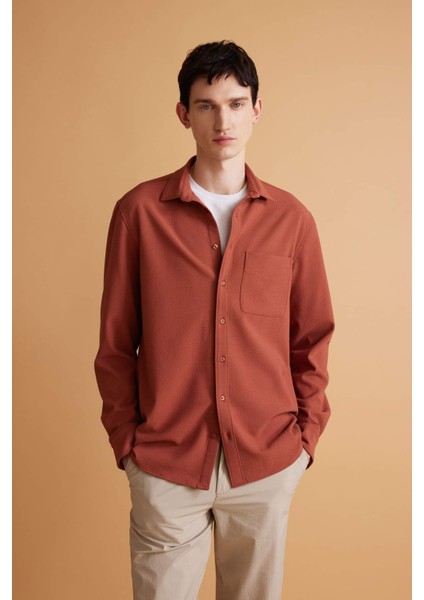 Regular Fit Polo Yaka Krinkıl Basic Düz Uzun Kollu Gömlek B6484AX24SP